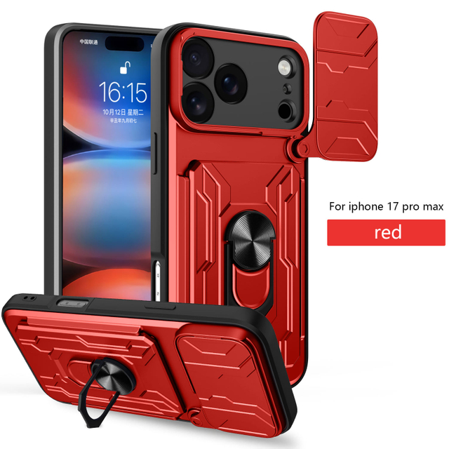 Chic Shockproof Anti-Fingerprint Lens Protection Slot Holder Cases Stock Ring Kickstand Back Cover Hard PC TPU Mobile Phone Case