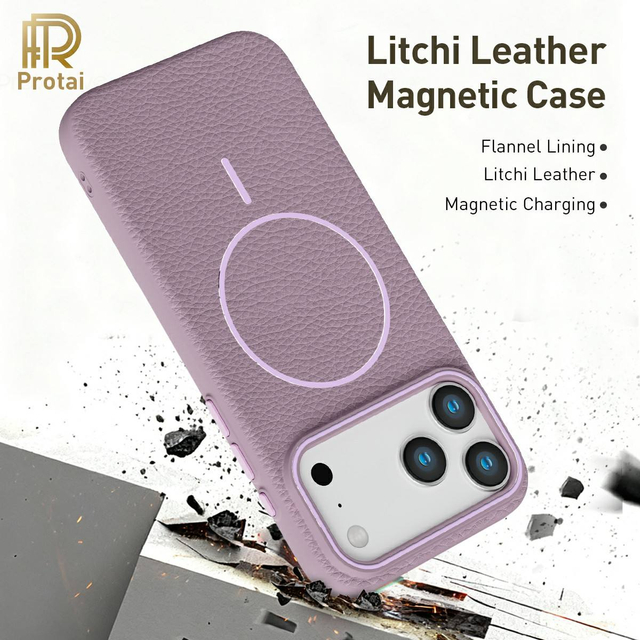 Luxury Litchi Leather TPU Phone Cover Shockproof Magnetic Wireless Charge 8 Colors for 17 Pro Max 16 15 14