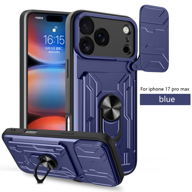 High Quality Armor Design TPU+PC Card Holder Shockproof Lens Protection Magnetic Kickstand Phone Case for