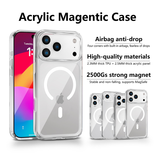 Anti-Yellowing TPU+Acrylic 2.5MM Thick Clear Transparent Shockproof Magnetic 360 Protection Phone Case for 11-17 Pro Max