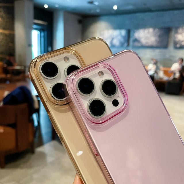 2025 New Pink and Gold Transparent PC Mobile Phone Case for iPhone 15 16 17 Pro Max
