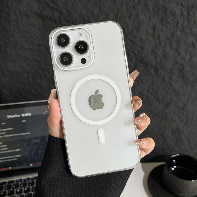 2026 New Arrival Magnetic Wireless Shockproof Transparent PC Mobile Phone Cases Pure Color Design Phone Socket Holder for 13 14