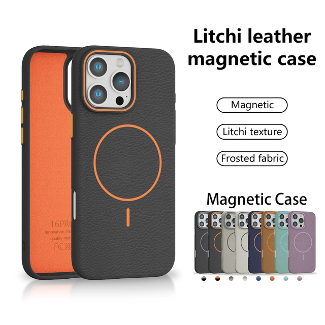 Popular Elegant Wireless Charging TPU Litchi Leather Magnetic Phone Case for iPhone Cover
