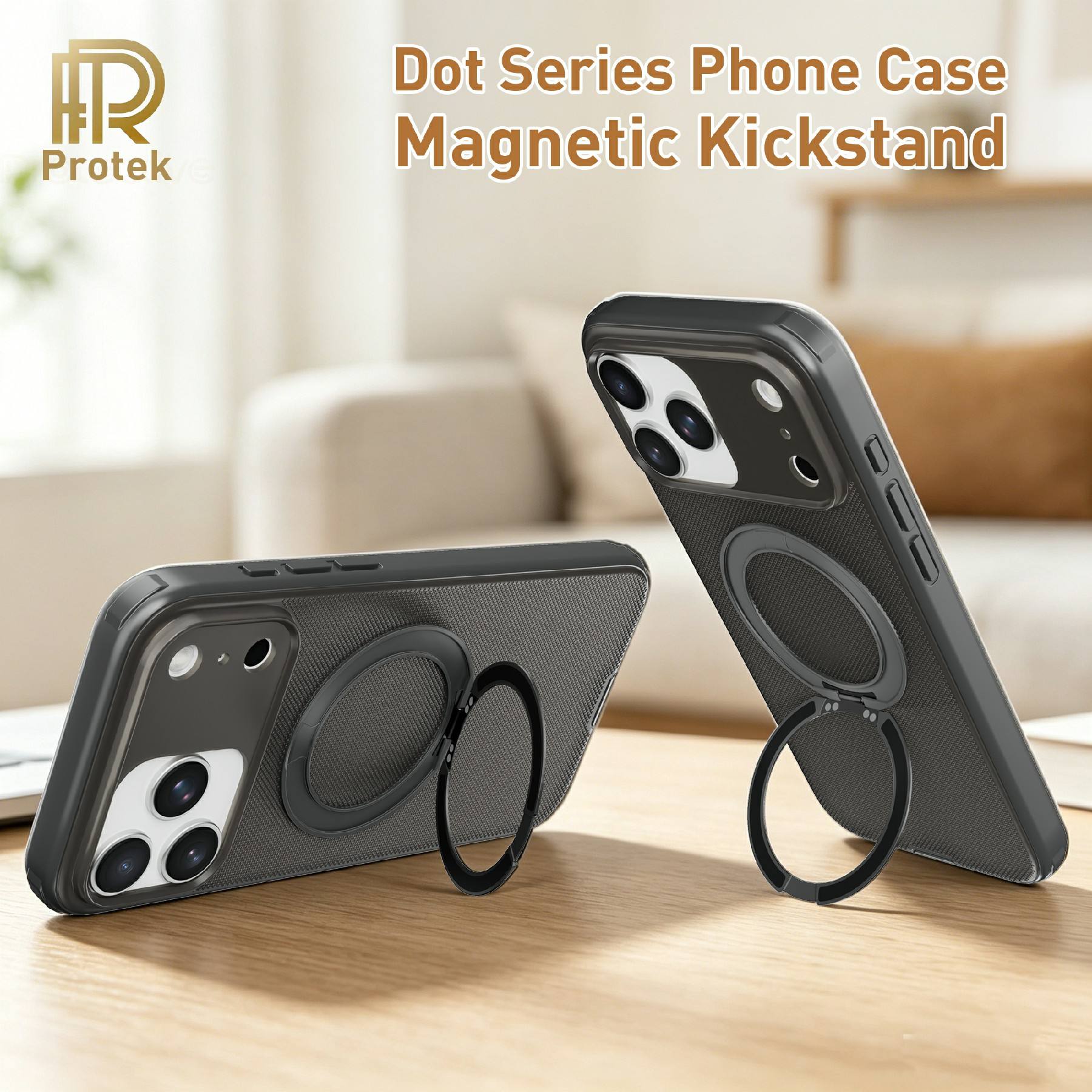 Kickstand Case Premium 3D Dots Texture Magnetic Ring Shockproof Slim Back Cover for 17/16/15 Pro Max Wireless Charge