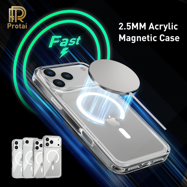 2026 New Magnetic 2.5mm Acrylic Fashion Simple Wireless Charging Anti-drop Clear PRT Brand Phone Case for 17 16 15 14 13 Promax